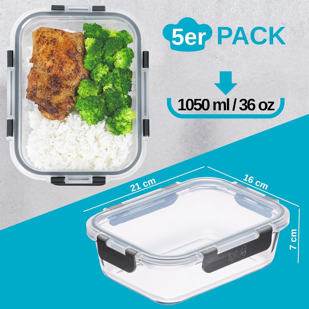 Igluu Meal Prep Glas-Frischhaltedosen mit BPA-freiem Deckel (5er-Pack) – mikrowellen-, ofen-, gefrie