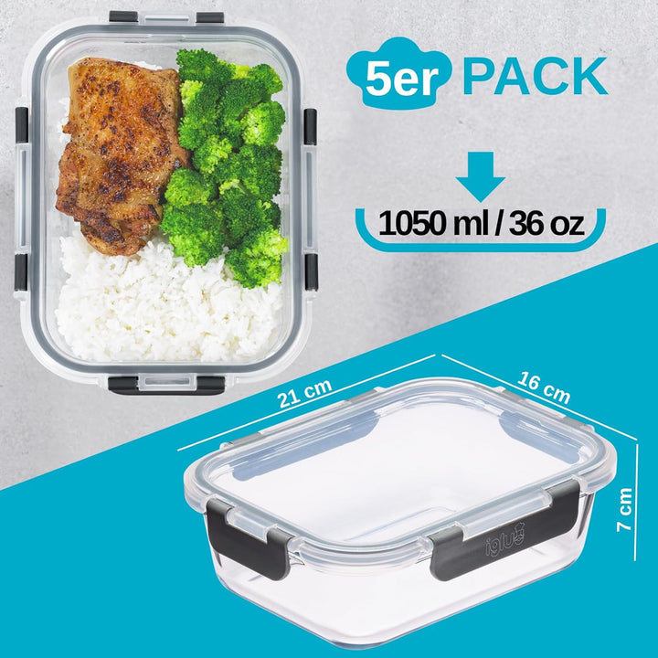 Igluu Meal Prep Glas-Frischhaltedosen mit BPA-freiem Deckel (5er-Pack) – mikrowellen-, ofen-, gefrie