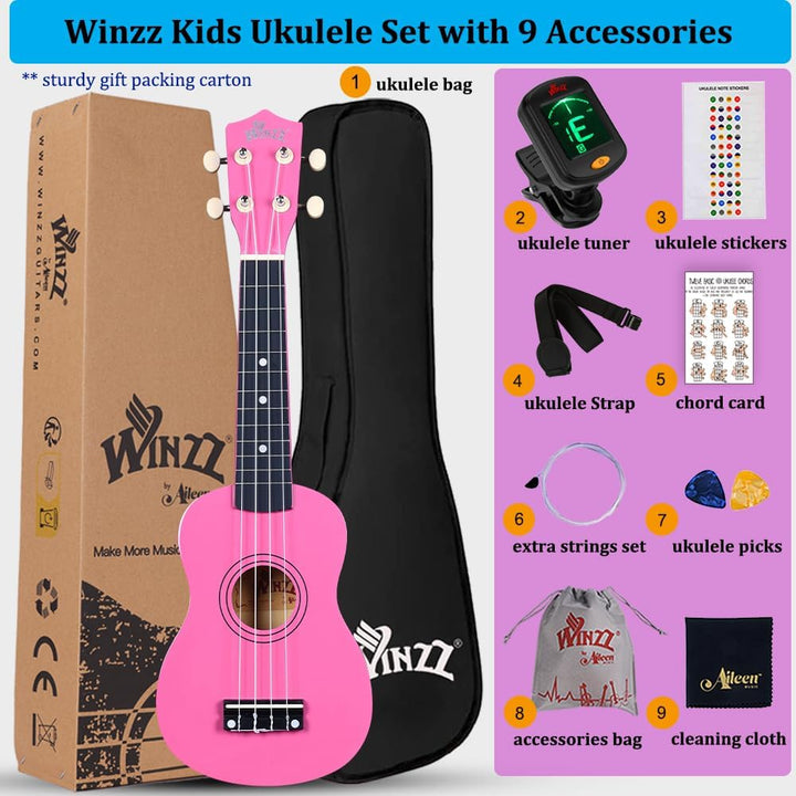 Winzz Sopran Ukulele Starter Kit für Anfänger mit Tasche, Clip-On Tuner, Zusätzlichen Saiten, Gurt,
