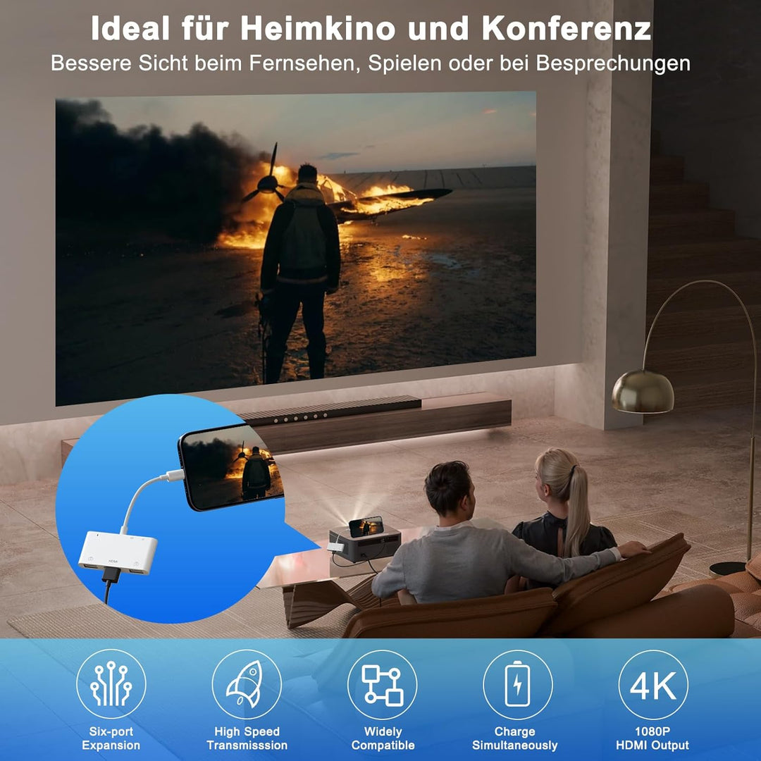 iPhone HDMI USB Adapter, 6 in 1 HDMI Digital AV USB SD/TF Adapter, iPhone USB Adapter mit Ladeanschl