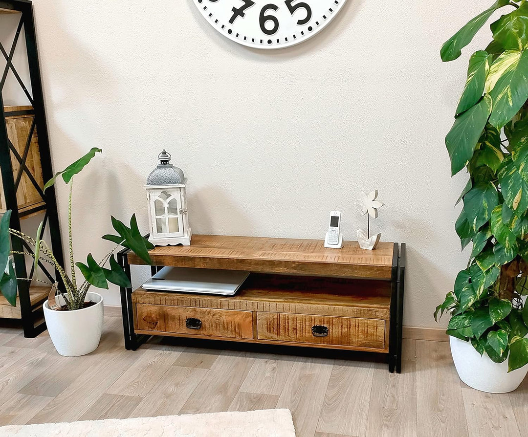 DARO DEKO Holz Lowboard eckig braun 125 x 45cm mit schwarzem Metall Gestell Fernsehtisch TV-Schrank