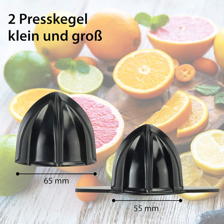 ADE Elektrische Saftpresse aus Edelstahl mit 1 l Glaskaraffe | 60 Watt | Zitruspresse mit 2