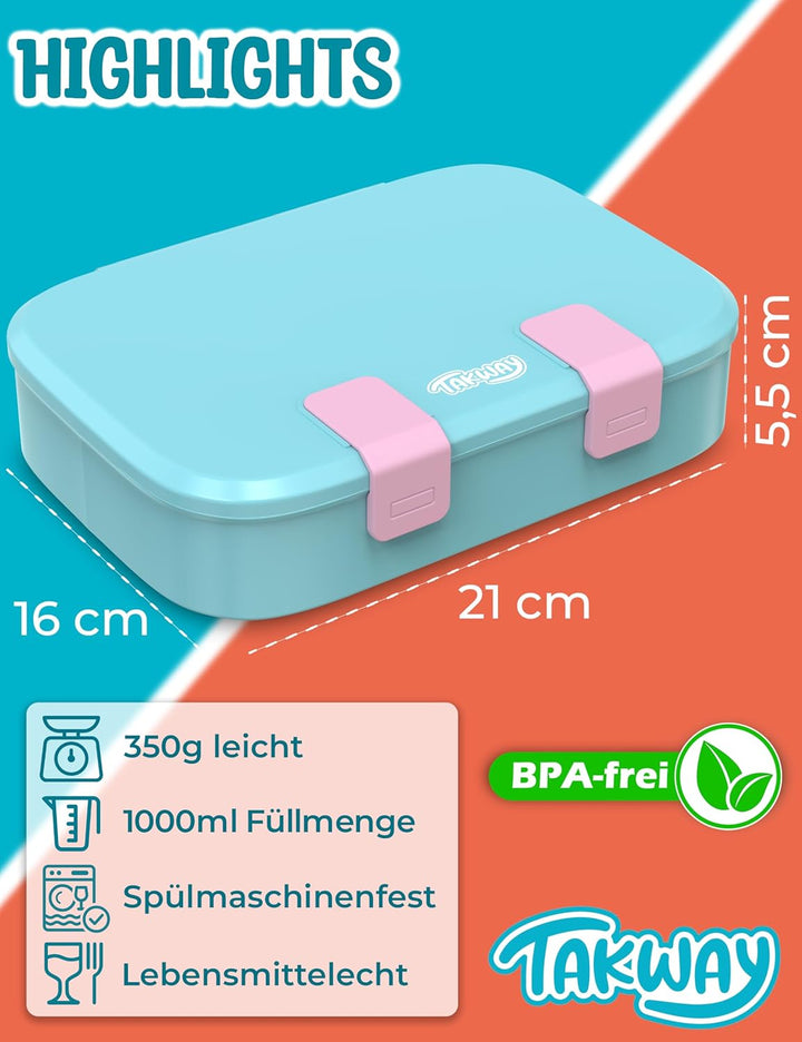 Brotdose Kinder mit Fächern - Bento Box Lunchbox BPA Frei - robust & leicht zu öffnen (Türkis), T&#x
