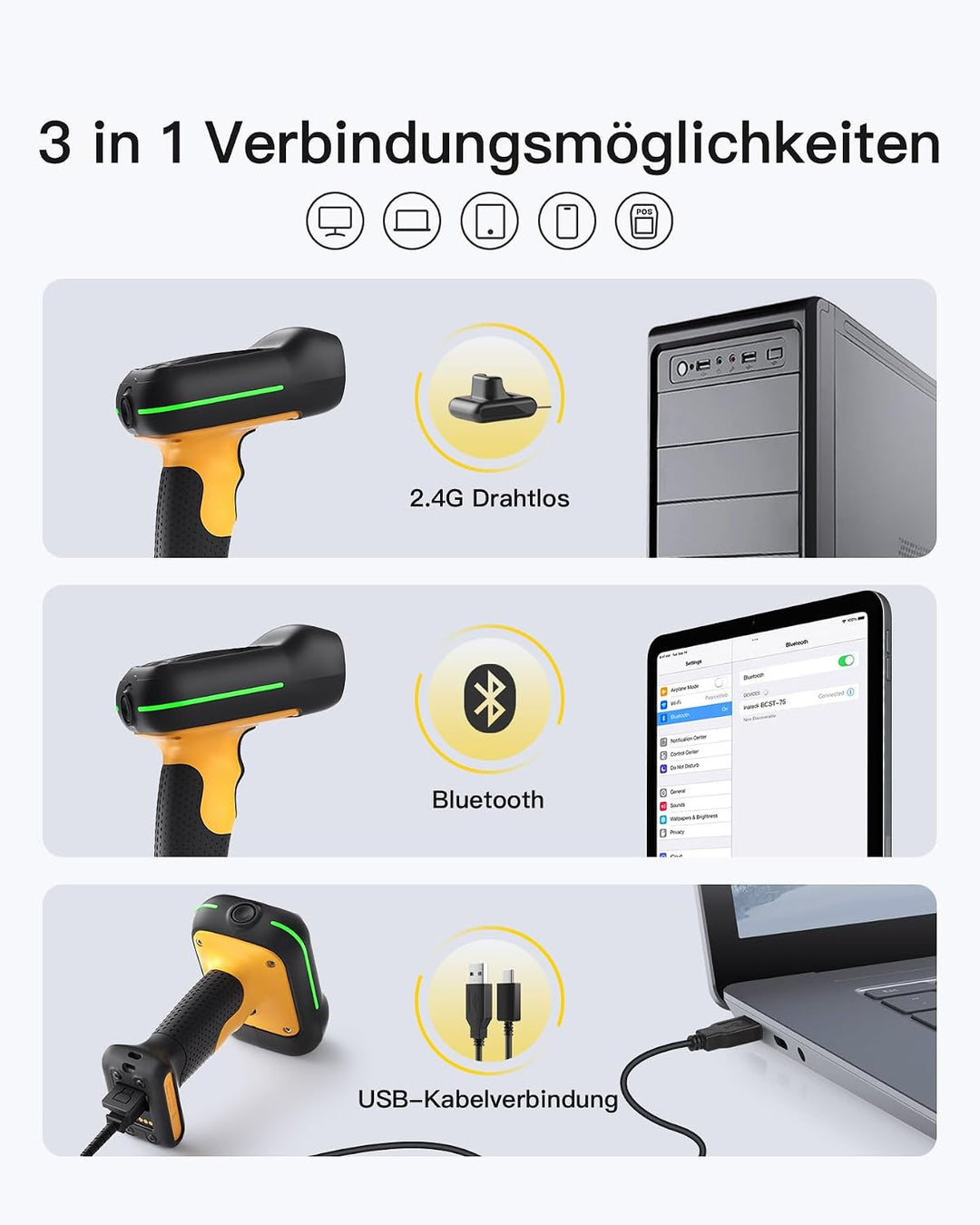 Inateck IP67 Barcode Scanner Kabellos 2D QR Code, mit Ladestation, BCST-75S 2D with Smart Base, 2D w