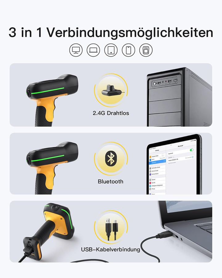Inateck IP67 Barcode Scanner Kabellos 2D QR Code, mit Ladestation, BCST-75S 2D with Smart Base, 2D w
