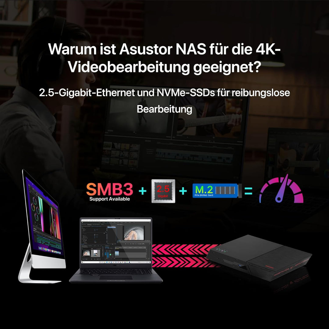 Asustor Flashtor 6 FS6706T - 6 Bay Reine M.2-SSD-NAS Netzwerkspeicher Gehäuse, Quad Core 2.0GHz, Six