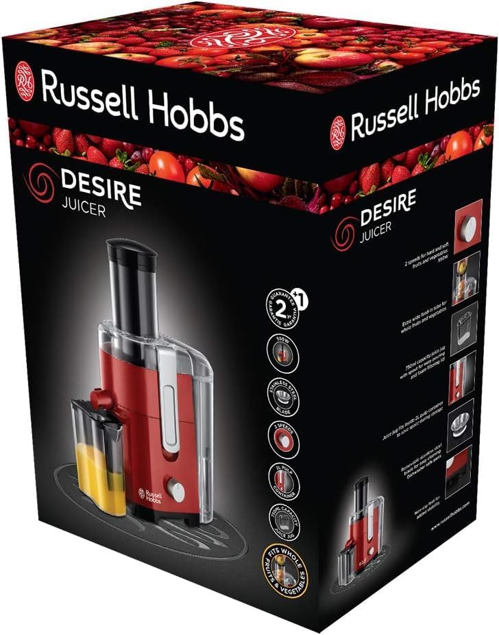 Russell Hobbs Entsafter [Gemüse und Obst] Desire Rot (XL Einfüllöffnung f. ganzes Obst &amp; Gemüse, 2 G