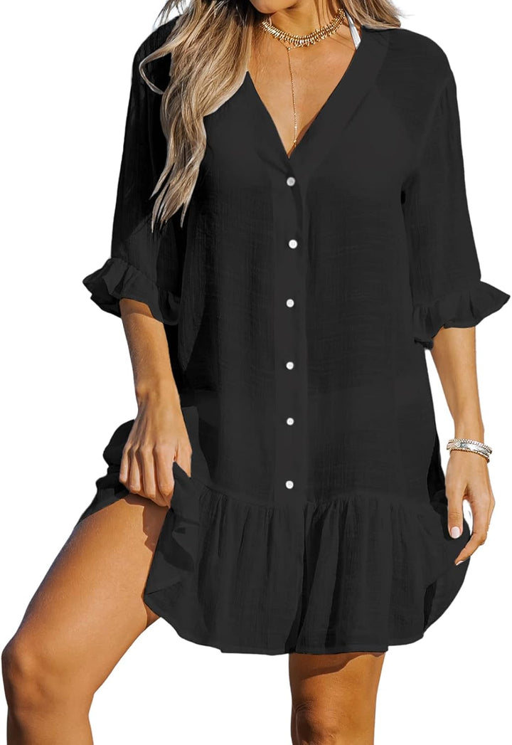 CUPSHE Damen Strandkleid Bikini Cover Up V Ausschnitt Knöpfen Rüschensaum Freizeitkleider Sommer Bea