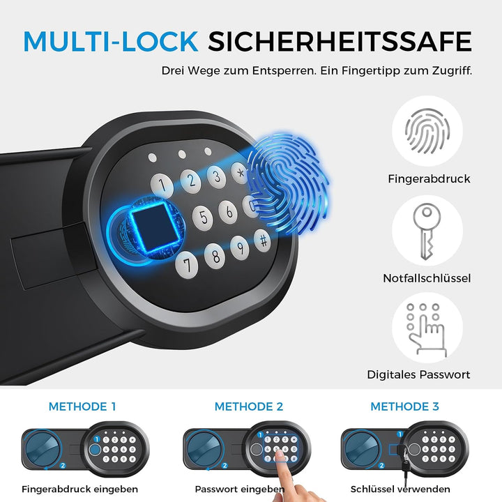 GTPLAYER Tresor für Zuhause, Mini Sicherheitstresor LED-Beleuchtung mit Fingerabdruck, Zahlencode, N