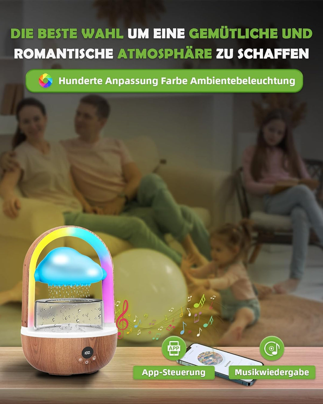 Regenwolken Luftbefeuchter Mit Regenbogenlicht, Weljoy Humidifier Mit Bluetooth-Verbindung Exklusive