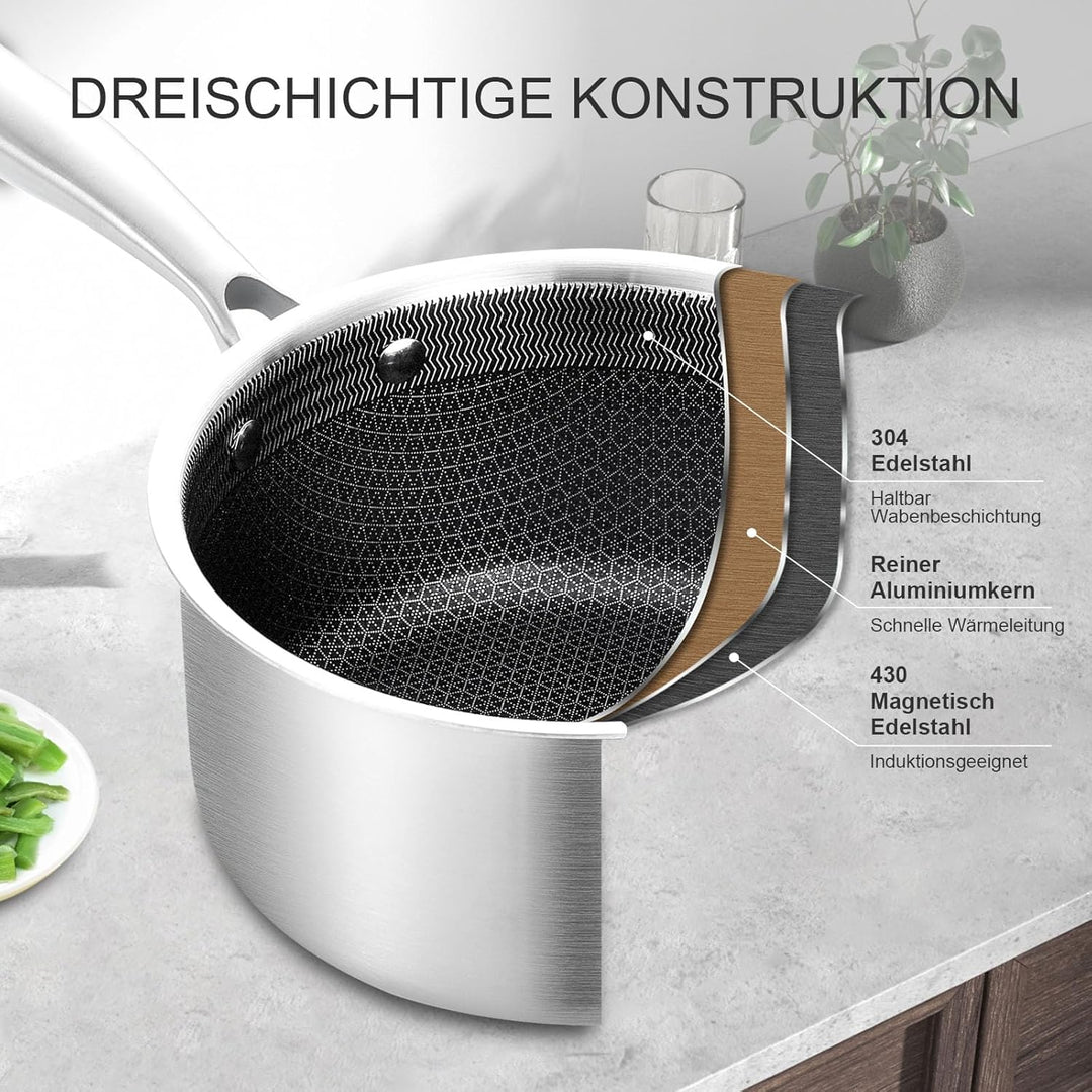 LOLYKITCH Edelstahl Kochtopf 16+18cm mit Deckel, Antihaft Stielkasserolle, Topfset, Kochtopf Indukti