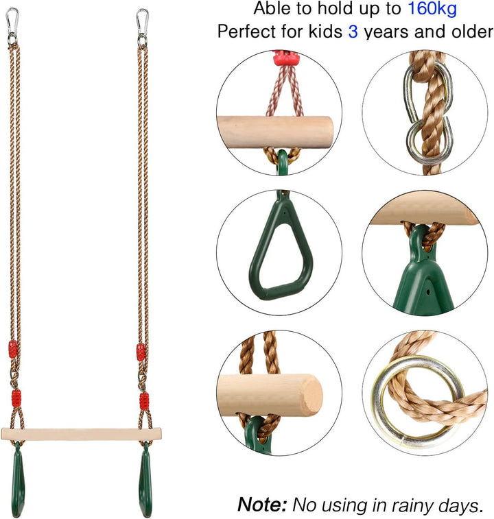 PELLOR Multifunktions Kinderholz Trapeze Schaukel mit Kunststoff Turnringe zum Aufhängen belastbar b