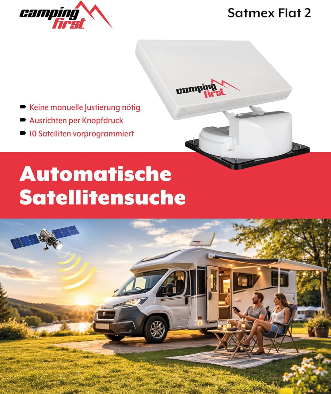 Satmex Flat 2 – Vollautomatische Camping-Antenne (Satelliten-Antenne, für 2 TVs/Receiver, für Carava