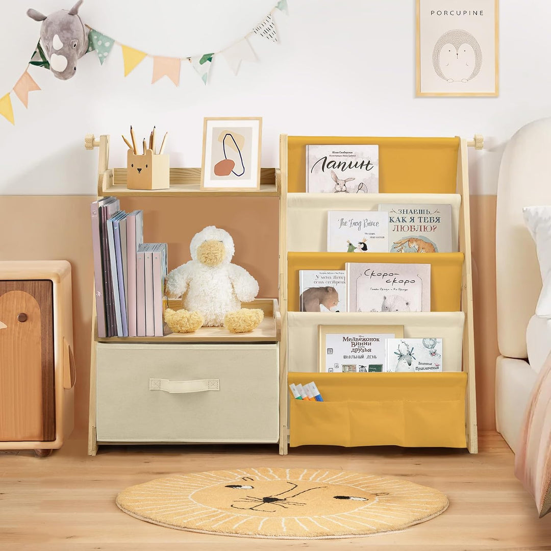 Bücherregal Kinder Kinderzimmer Spielzeug Aufbewahrung - Gelb | 4 Regalebenen &amp; Aufbewahrungsbox, Ki