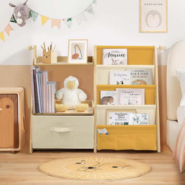 Bücherregal Kinder Kinderzimmer Spielzeug Aufbewahrung - Gelb | 4 Regalebenen &amp; Aufbewahrungsbox, Ki