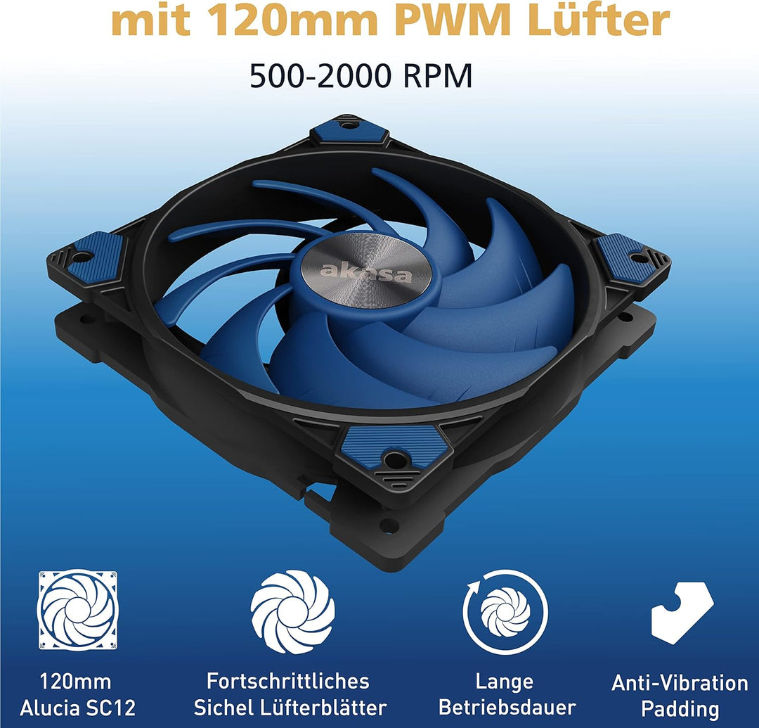 Akasa Alucia H4, CPU Kühler mit 120mm PWM Lüfter, 4 Kupfer Heatpipes Prozessorlüfter, 185W TDP, inkl
