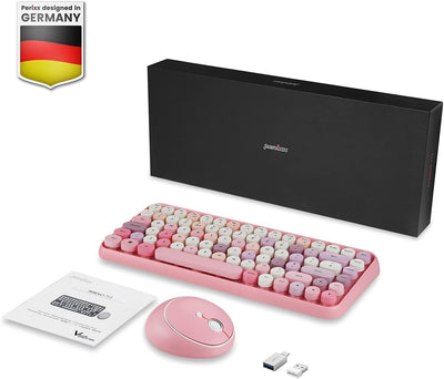 Perixx PERIDUO-713 Set mit Maus und Mini-Tastatur, kabellos, 2,4 GHz, runde Tasten, Retro-Stil, für