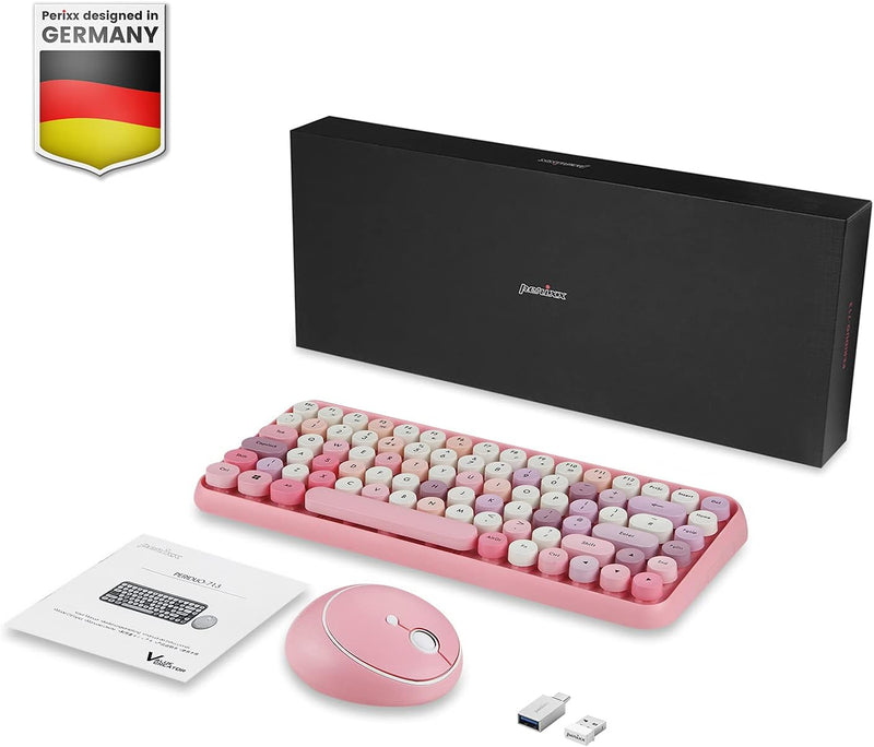 Perixx PERIDUO-713PK Wireless Mini Keyboard and Mouse Combo - Retro Round Key Caps - Pastel Pink - U