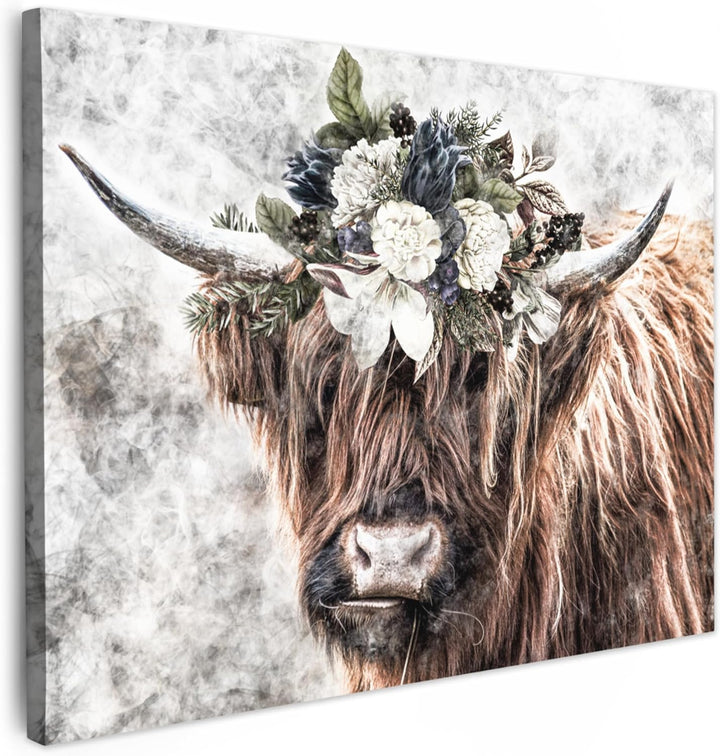 MuchoWow Leinwand Bilder, Einzigartige Wanddeko mit Rahmen, Schottischer Hochländer - Rauch - Flora,