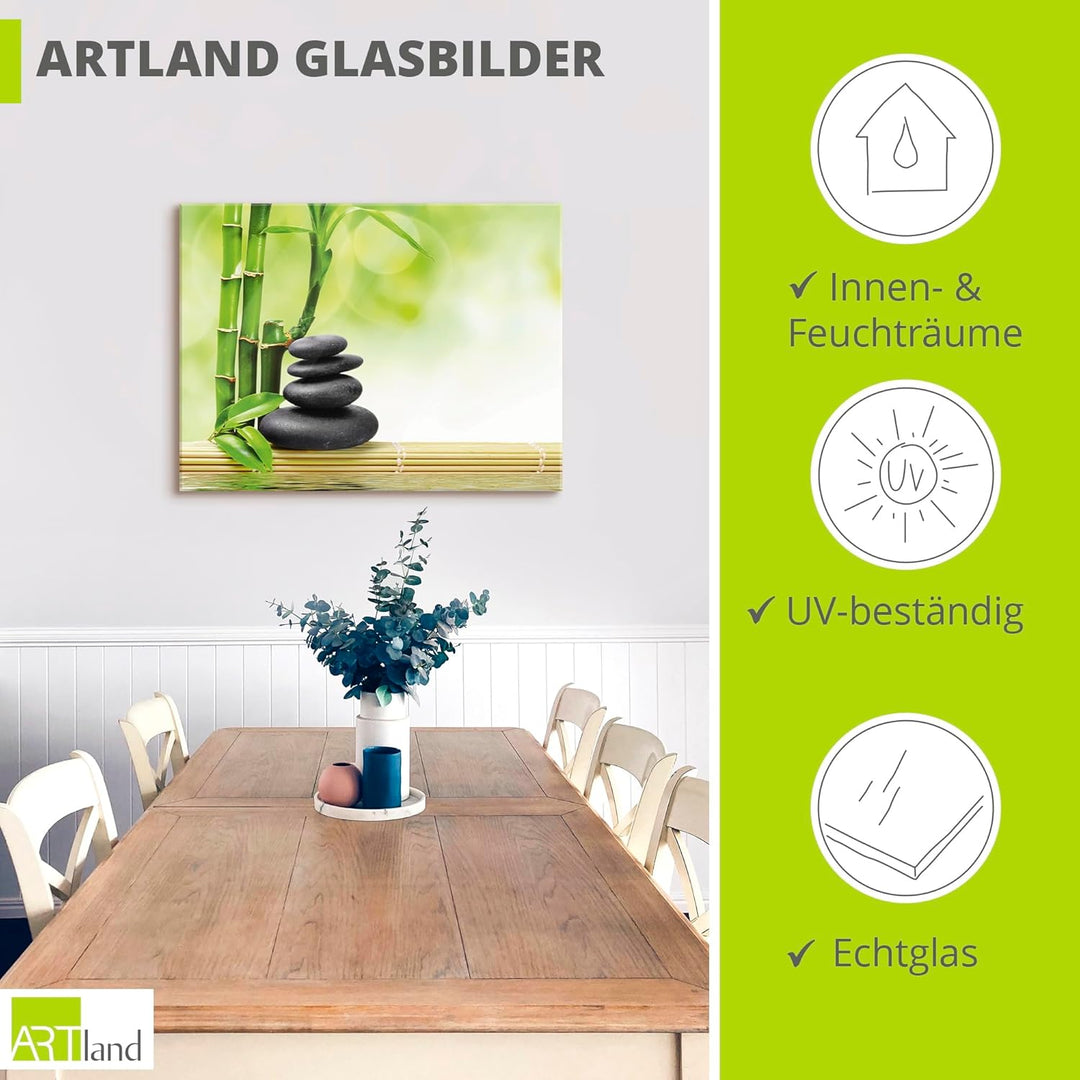 ARTland Glasbilder Wandbild Glas Bild einteilig 80x60 cm Querformat Asien Wellness Zen Spa Steine Ba