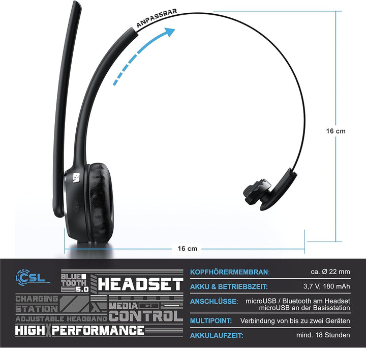 CSL - Bluetooth 5.0 Headset mit Ladestation - PC Headset mit flexiblem Mikrofon - Multipoint - kabel
