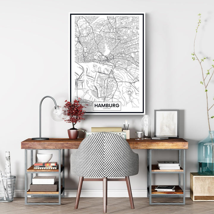 wandmotiv24 Stadt Karte als Leinwandbild, 80x60cm, Hochformat, Hamburg, Deutschland, Plan, Nordsee,