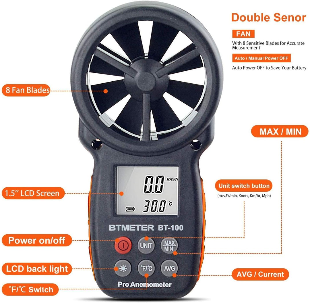 BTMETER BT-100 Digitaler Anemometer Handheld Windmesser Wind Speed Meter Gauge,Präzise Messung der W