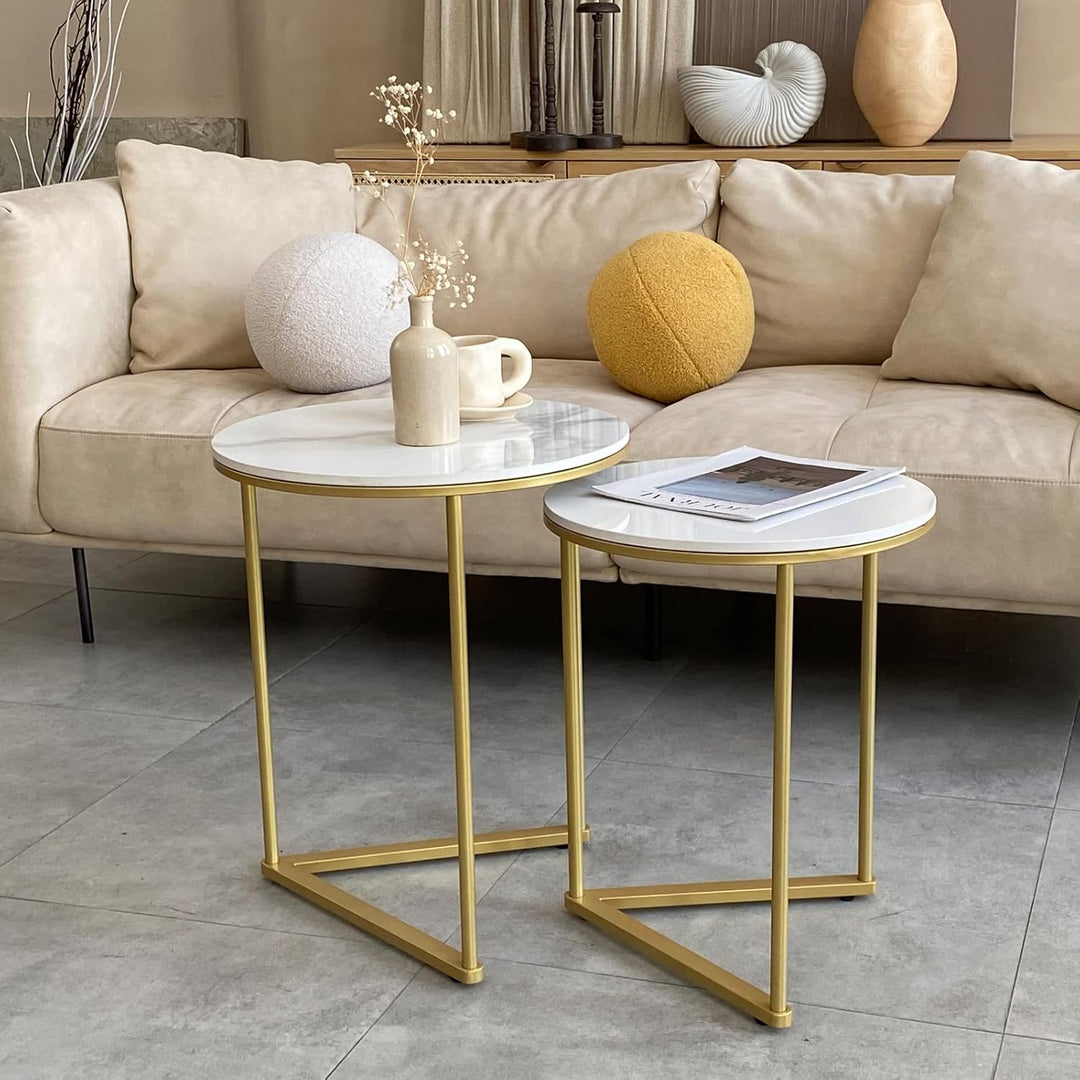 FATIVO Satztisch 2er Set Marmor: Rund Gold Beistelltisch Set - Couchtisch Weiss Wohnzimmertisch mit