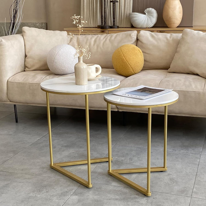 FATIVO Satztisch 2er Set Marmor: Rund Gold Beistelltisch Set - Couchtisch Weiss Wohnzimmertisch mit