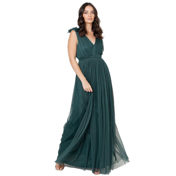 Maya Deluxe Damen Womens Ladies Maxi Dress with Ruffle V Neck Sleeveless High Empire Waist Long for