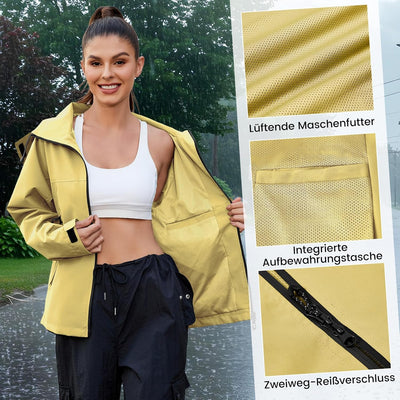 Damen Wasserdicht Regenjacke Leichte Wasserdicht Outdoorjacke Atmungsaktiv & Winddicht, Verstellbare