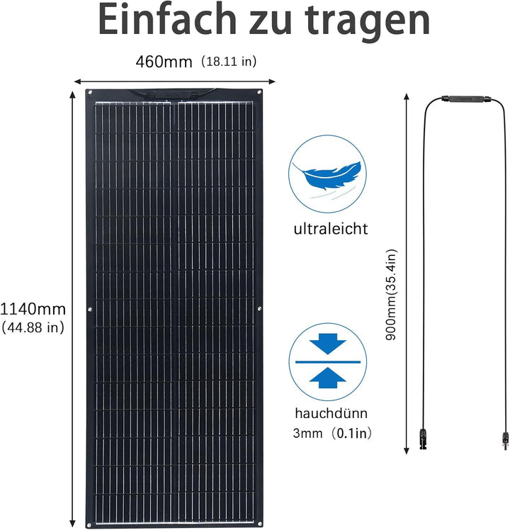 200W Solarpanel-Kit Flexibel 12V Set, Schwarz Flexibles Solarmodul+20A 12V/24V Solarladeregler + Sol
