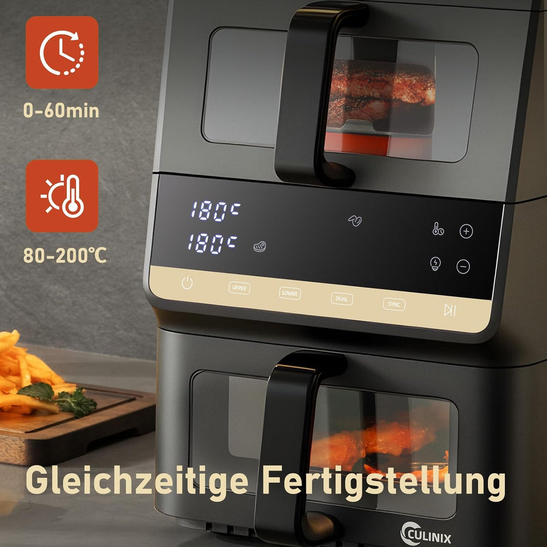 Heissluftfritteuse 2 Kammern, 10L Airfryer (3.5+6.5L) 10-in-1 vertikale Doppelkammer mit Dual & Sync