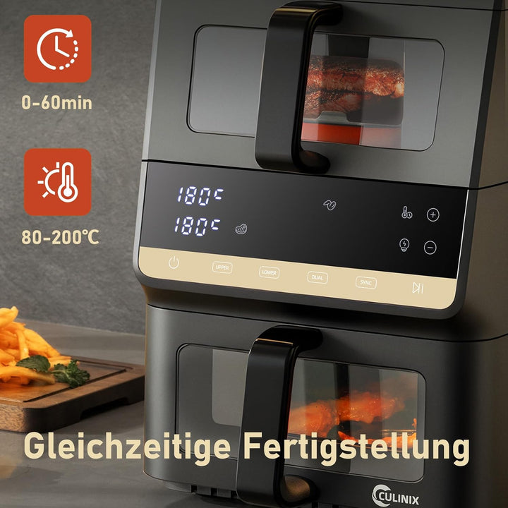 Heissluftfritteuse 2 Kammern, 10L Airfryer (3.5+6.5L) 10-in-1 vertikale Doppelkammer mit Dual & Sync