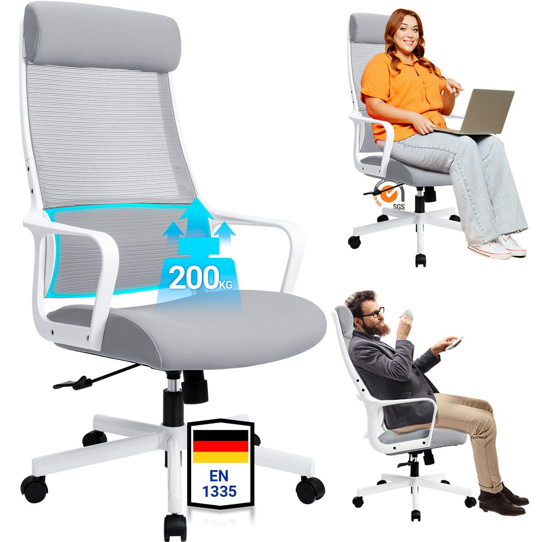 MELOKEA Bürostuhl ergonomisch, Schreibtischstuhl mit Höhenverstellung, Bürostuhl 150kg Grau