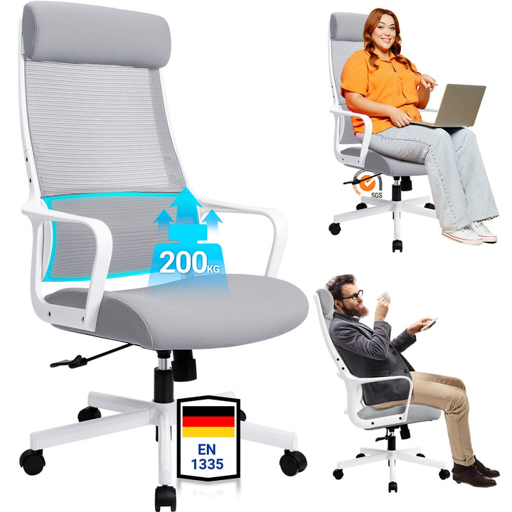 MELOKEA Bürostuhl ergonomisch, Schreibtischstuhl mit Höhenverstellung, Bürostuhl 150kg Grau