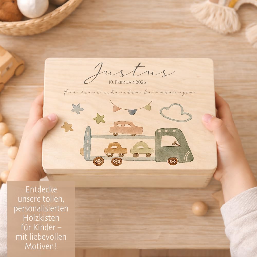 Manufaktur Liebevoll Personalisierte Holzkiste mit Name – Erinnerungskiste Junge mit Auto Motiv – Ba