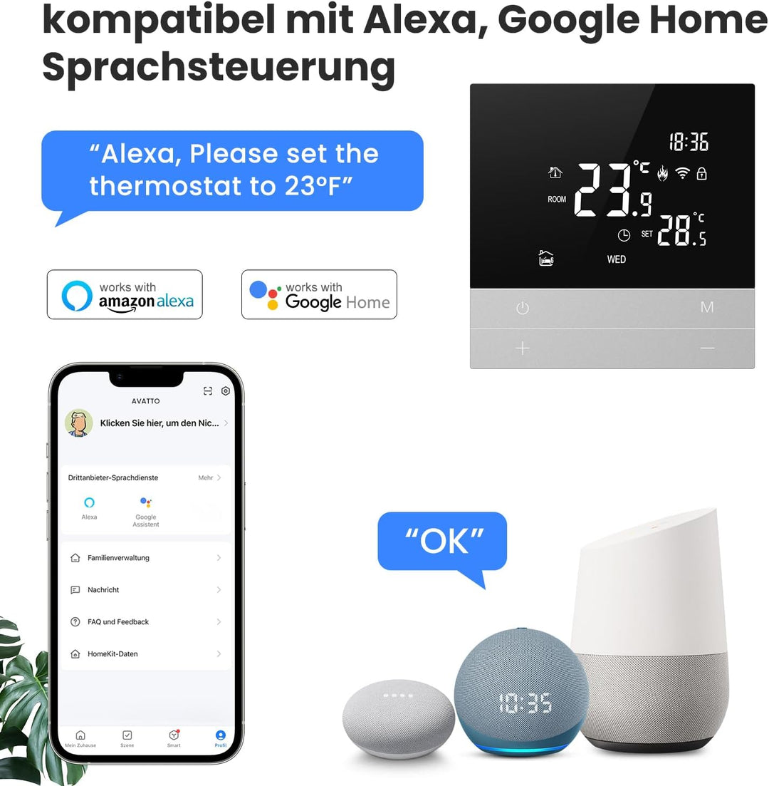 AVATTO Thermostat für Elektrische Fussbodenheizung Smart WiFi Thermostat Programmierbar Raumthermost
