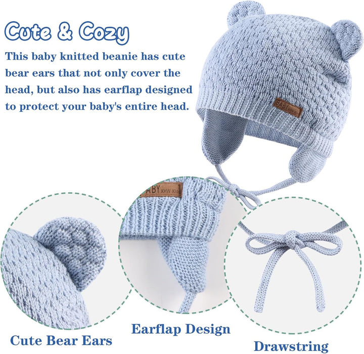 XIAOHAWANG Baby Wintermütze Jungen Mädchen Warmer Strickmützen Weicht Baumwolle-Futter mit Süsse Bär