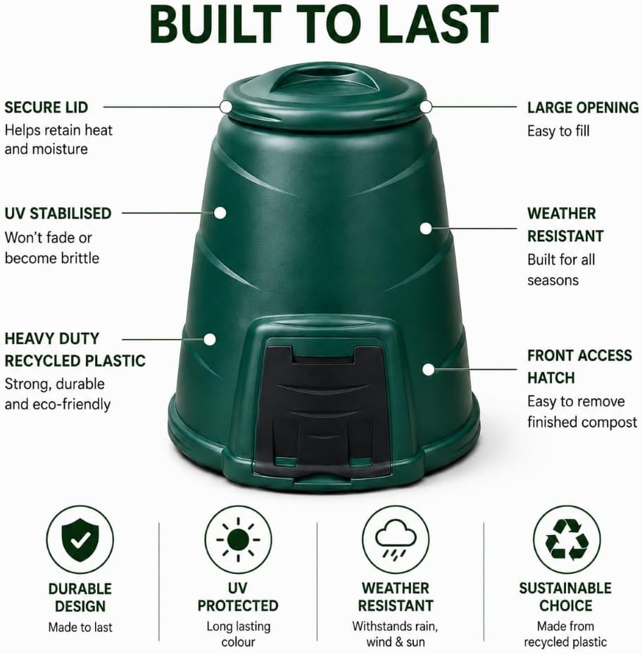 Invopak Gartenkomposter aus recyceltem Kunststoff, 220 l, mit Luke und winddichtem Deckel, gebrauchs