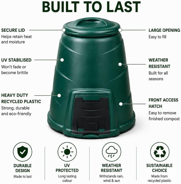 Invopak Gartenkomposter aus recyceltem Kunststoff, 220 l, mit Luke und winddichtem Deckel, gebrauchs