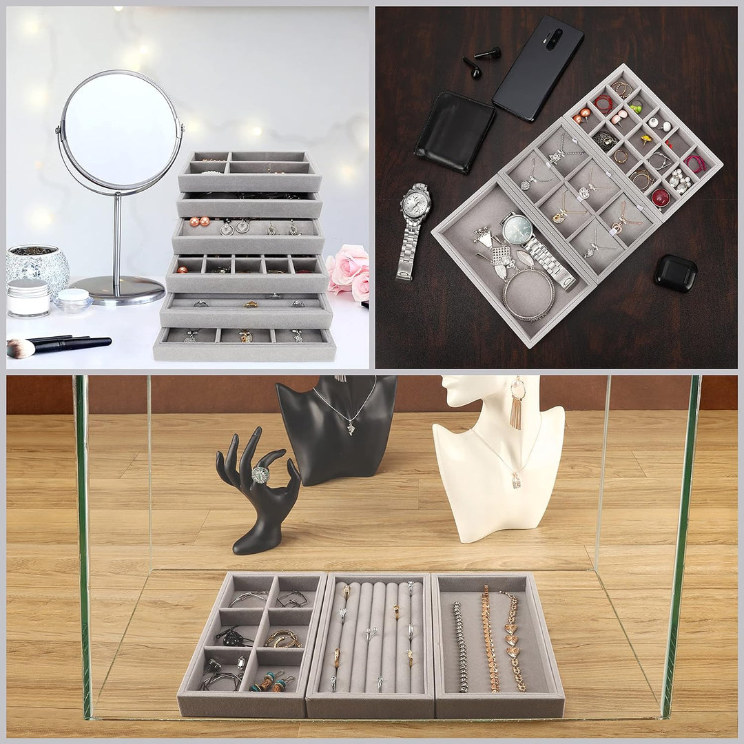 BELLE VOUS 6er Pack Stapelbarer Schmuck Organizer aus Grauem Samt - Schmuckeinsatz für Schubladen in