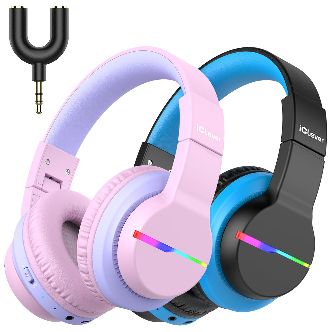 iClever Bluetooth Kinder Kopfhörer 2pack, Farbige LED-Leuchten, Kinderkopfhörer Over-Ear mit 74/85/9