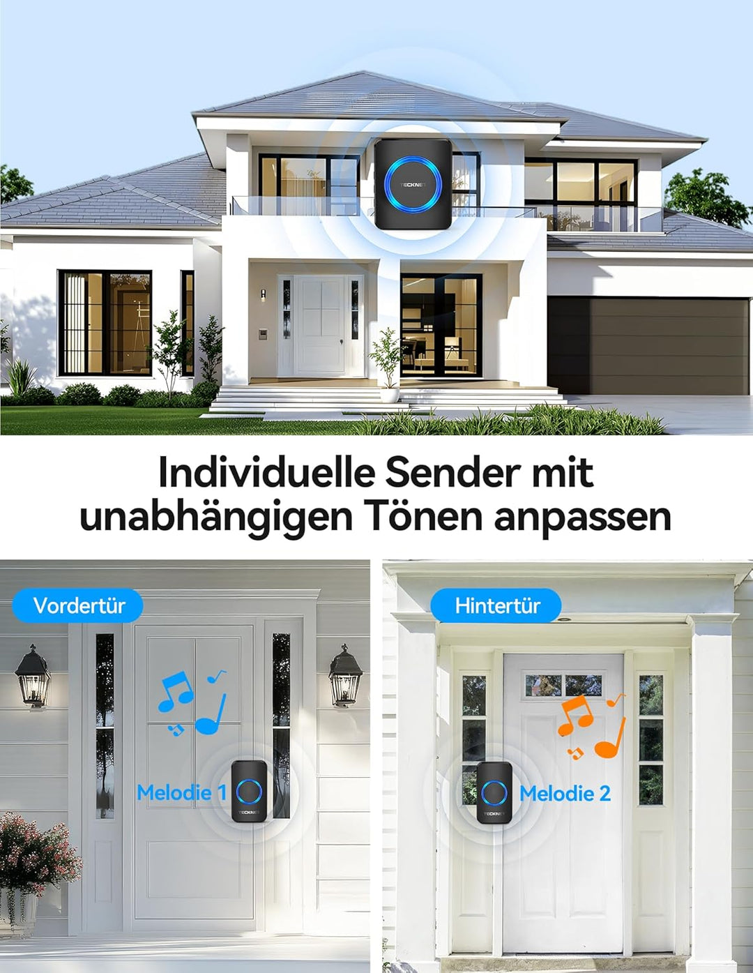 TECKNET Funkklingel, IP65 Funk klingel Kabellose Türklingel 600M Reichweite Aussen Wasserdicht, Haus