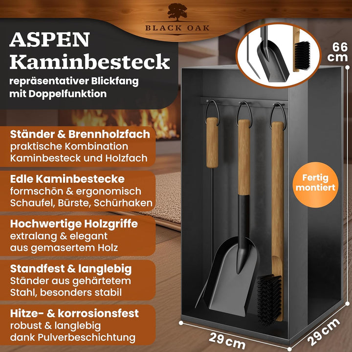 BLACK OAK Kaminbesteck ASPEN 4-teilig - praktisches & repräsentatives Ofenbesteck Set schwarz mit Ho