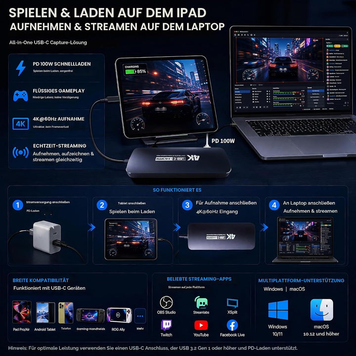 Guermok Capture Dock für Switch2, 4K60 HDMI &amp; USBC Video Capture Silber, Silber