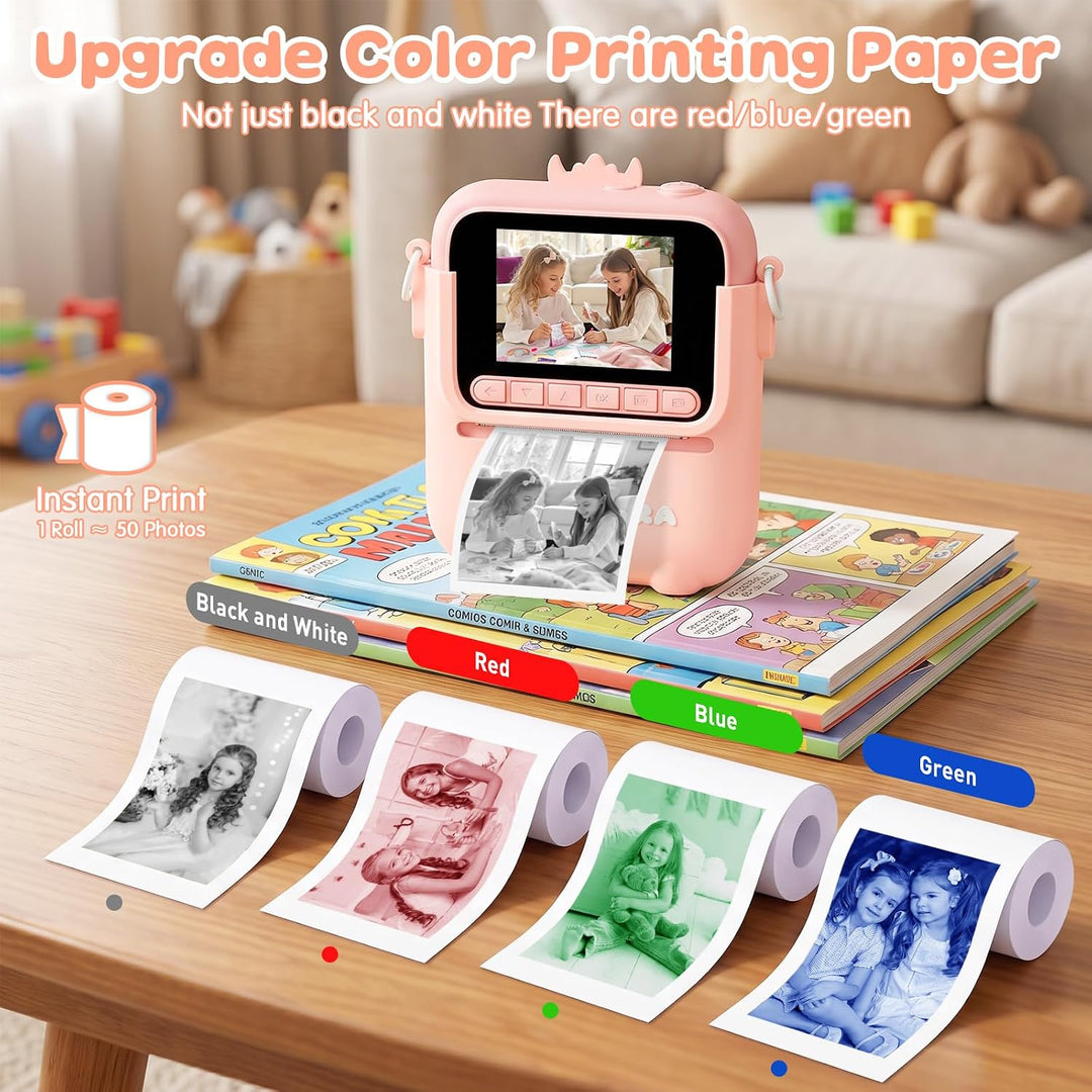 Sofortbildkamera Kinder mit 5 Rollen Druckpapier und 32GB-Karte | Dinosaurier Kinderkamera, 2,4 Zoll