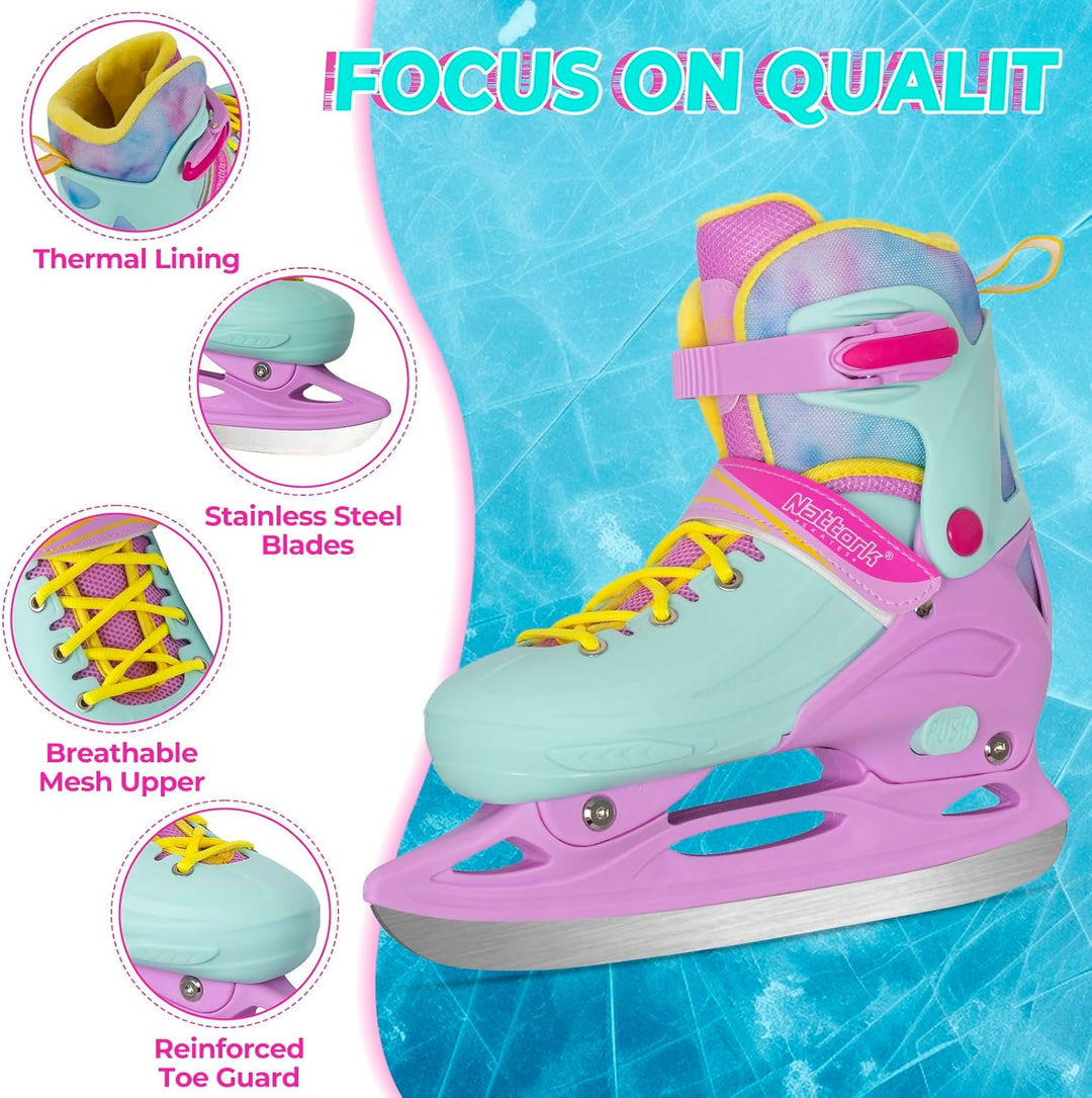 Nattork Ice Skates 4 Sizes Adjustable for Kids Boys Girls, Fun Beginner Ice Skating for Outdoor, Sof