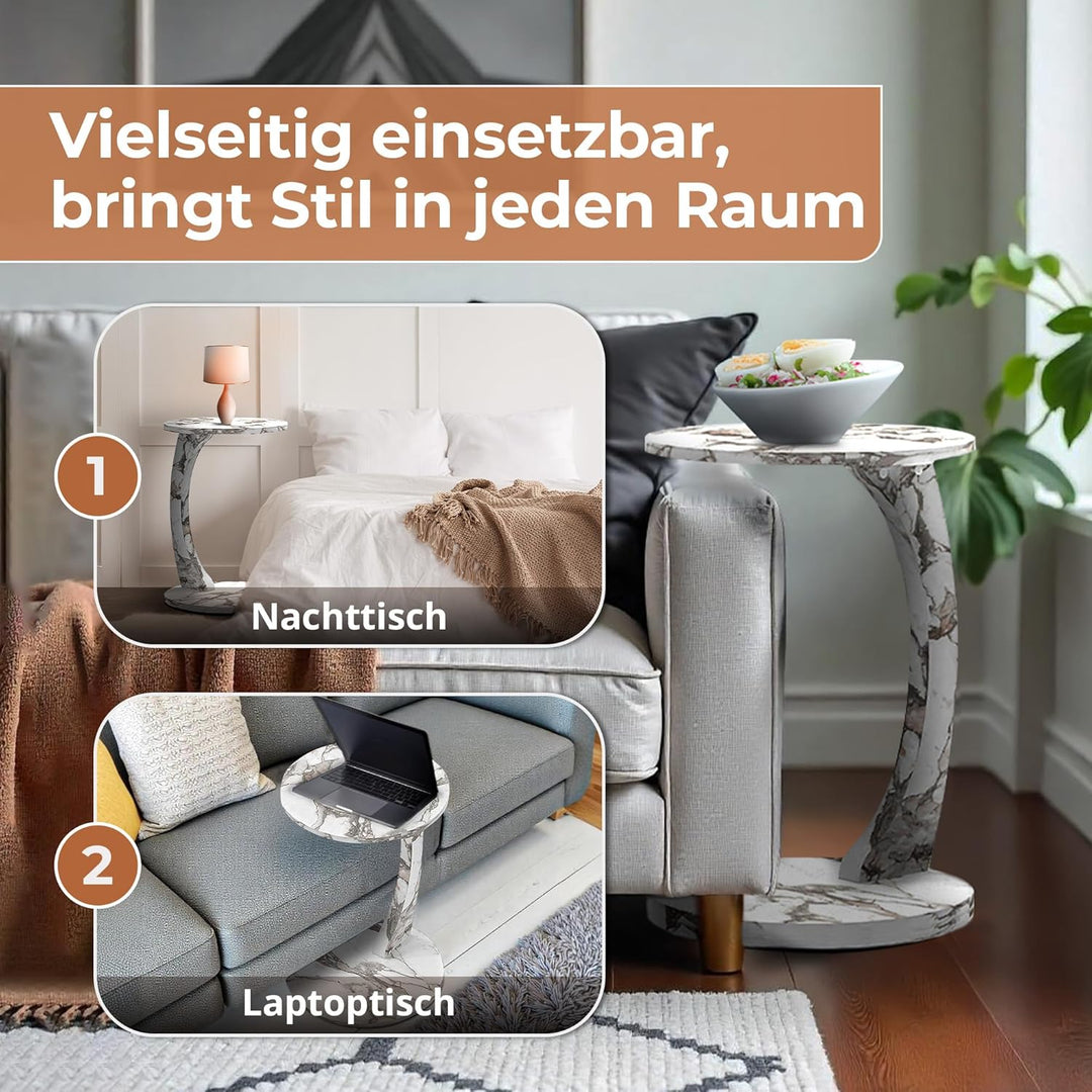 [en.casa] Beistelltisch Holeby Betttisch auf Rollen Laptoptisch Marmoroptik Cremeweiss Wohnzimmertis