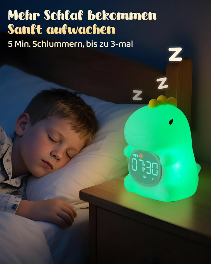 Yiliaw Dinosaurier Kinderwecker mit Nachtlicht – Schlaftrainer & Aufwachuhr, wiederaufladbare Siliko